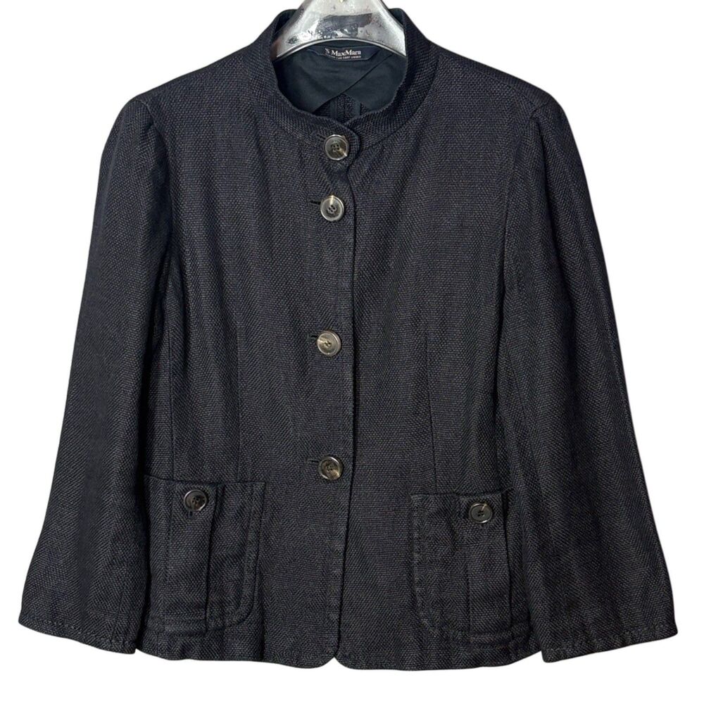S'Max Mara Jacket Size 10 Black Linen Cotton Puff Shoulder Pocket Button VTG